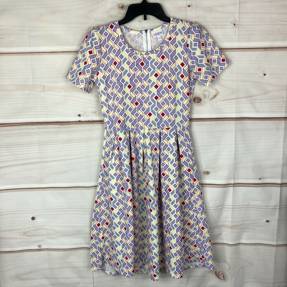 Lularoe Dress Womens XS Geometric Print Amelia Fit And‎ Flare Short Sleeve Knit